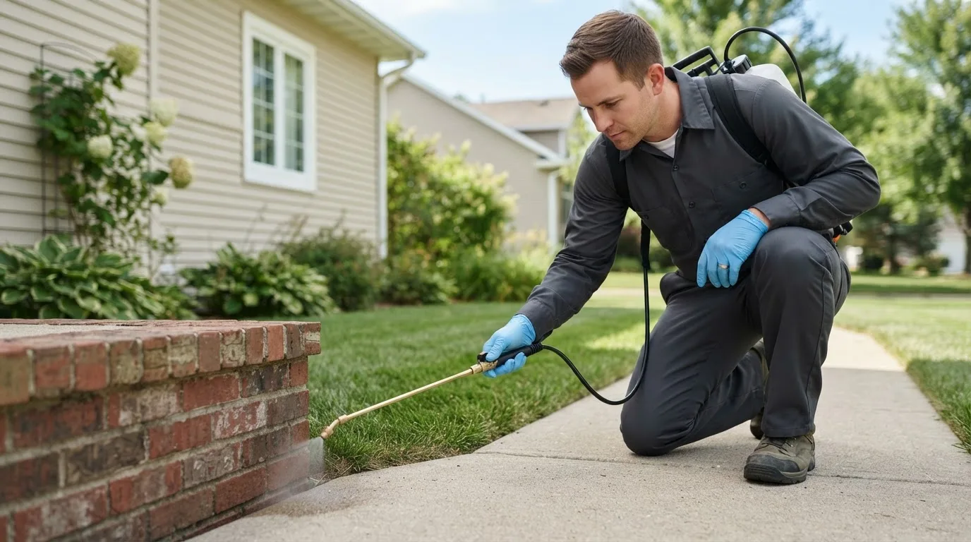 Pest control technician treating a home near Grassy Butte, ND